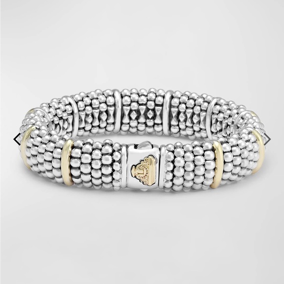 Wide LAGOS Caviar Collection sterling silver and gold Bracelet. Large preowned